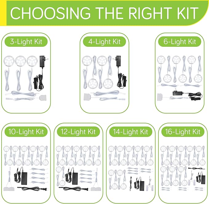 LED Puck Lights Kit for Under Cabinet Lighting, Octopus Connection, On/Off Switch, Plug in & Hardwired, 120V AC Powered to DC12V, White Cords, 16 Lights, Warm White