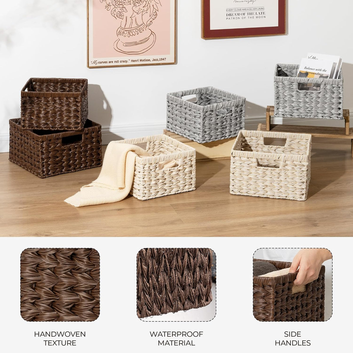 GRANNY SAYS Wicker Baskets for Organizing, Storage Basket for Shelves, Square Shelf Baskets with Handles, Waterproof Woven Basket for Living Room, Baskets for Entryway, Brown