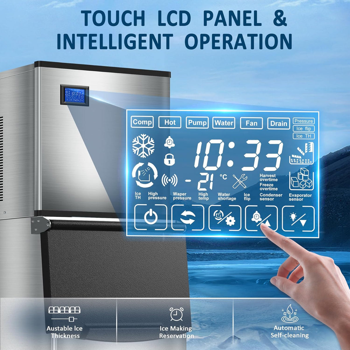 Commercial Ice Maker Machine 460LBS/24H 360LBS Ice Bin LCD Touch Screen Self Cleaning Function Freestanding Ice Maker 156 Counts Ice Ready in 5-10 min Clear Ice Cube for Cafe, Bar, Home