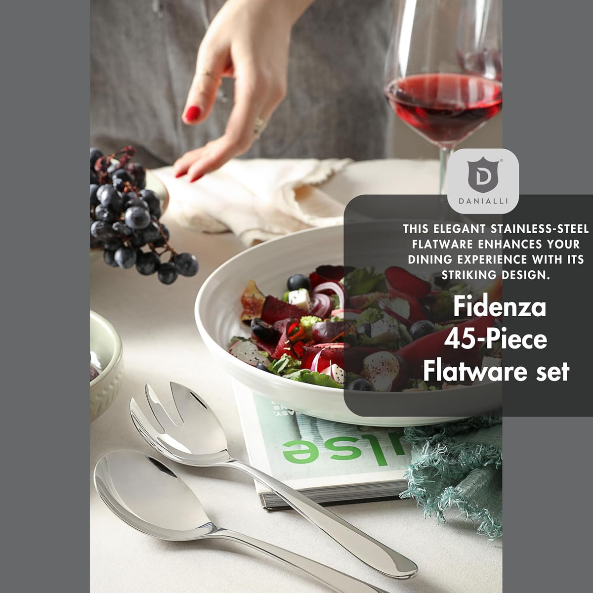 Silverware Set for 8 with Serving Utensils, 18/10 Stainless Steel Flatware, Mirror Finish, Dishwasher Safe, Heavy-Duty Cutlery, Built to Last (45-Piece Including a Serving Set, Fidenza)