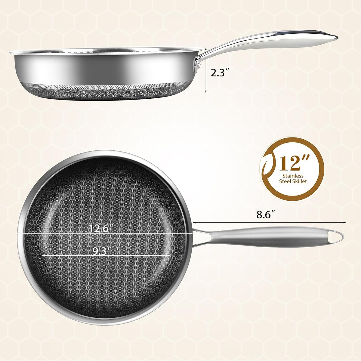 MDHAND 12 Inch Nonstick Frying Pan, Premium Stainless Steel Skillet with Stay-Cool Handle, No Coating, Dishwasher-Friendly, Oven-Safe, Induction Ready, Compatible with All Cooktops