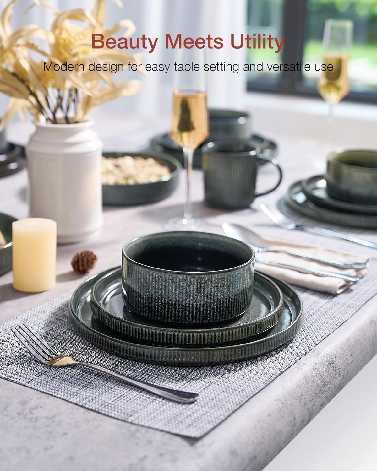 Famiware Star Dinnerware Set, Plates and Bowls Sets for 6 (18pcs), Ribbed Stoneware Dishes - Chip & Scratch Resistant, Microwave & Dishwasher Safe Kitchenware, Deep Forest