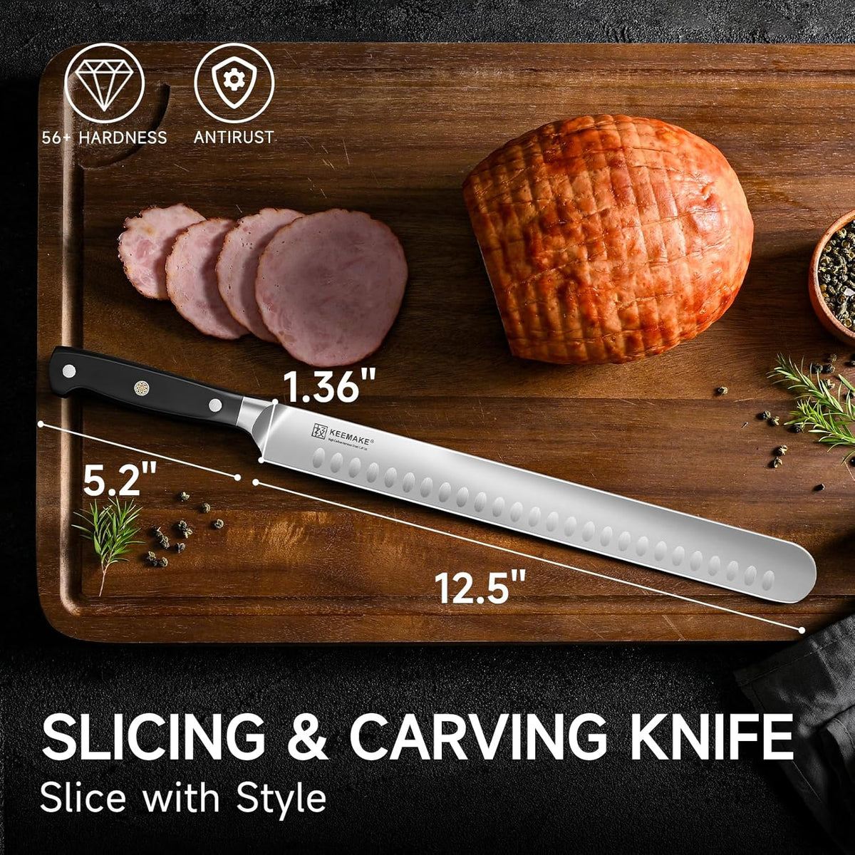KEEMAKE Brisket Knife 12.5 Inch, Slicing Carving Knife, High Carbon Stainless Steel Sharp Kitchen Knife with Ergonomic Handle Full Tang Design for Ham Meat Cutting and BBQ