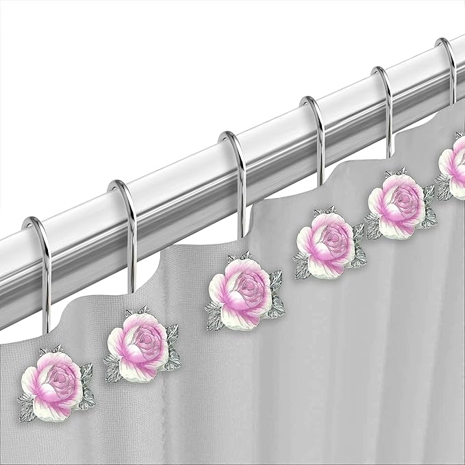 Zahari Home 13pc Michelle Bathroom Shower Curtain Sets Shower Curtain & 12 Shower Bathroom Hooks Modern Classic Luxury Contemporary Decor Floral Shower Curtain Stylish Bath Sets