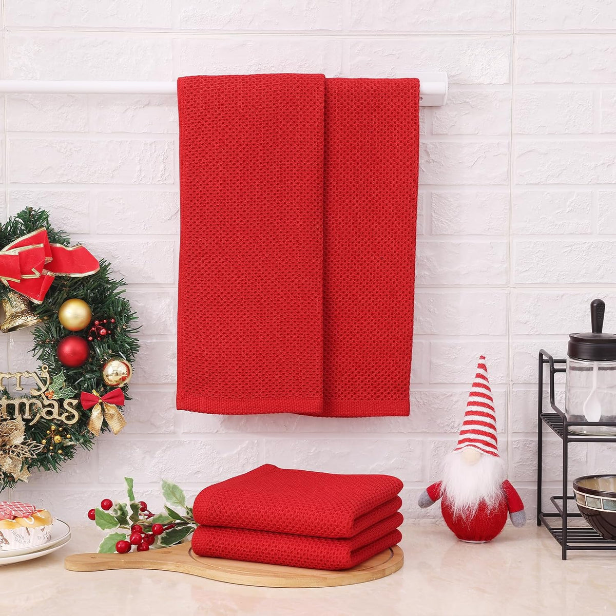 Kitinjoy 100% Cotton Waffle Weave Kitchen Towels, 6-Pack Super Soft and Absorbent Dish Towels for Drying Dishes, Kitchen Hand Towels, 13 in x 28 in, Red