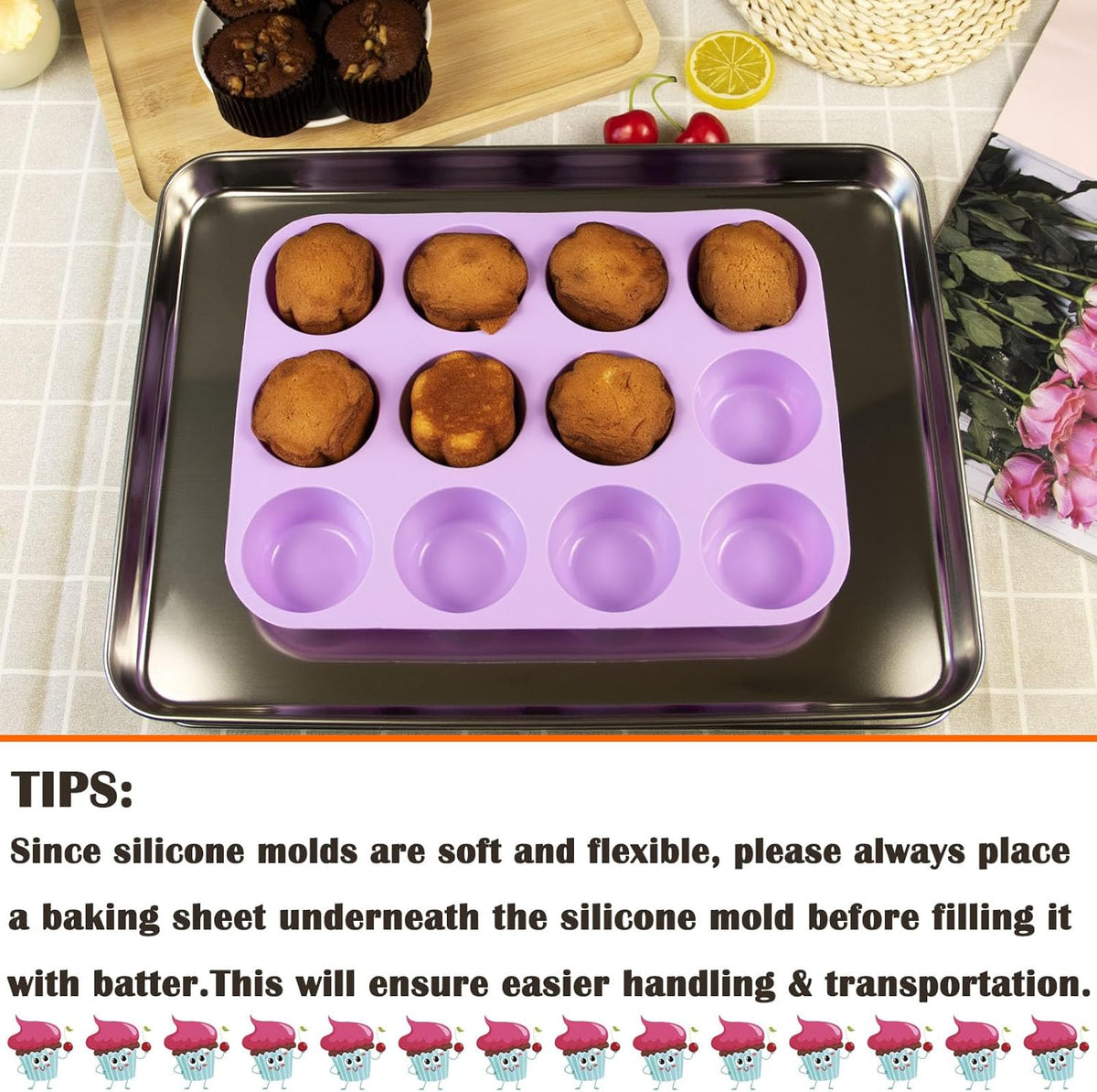 12 Cups Silicone Mini Muffin Pan Set, Nonstick Mini Cupcake Pans, BPA Free Small Muffin Tin for Baking, Set of 2 (Orange+Purple)