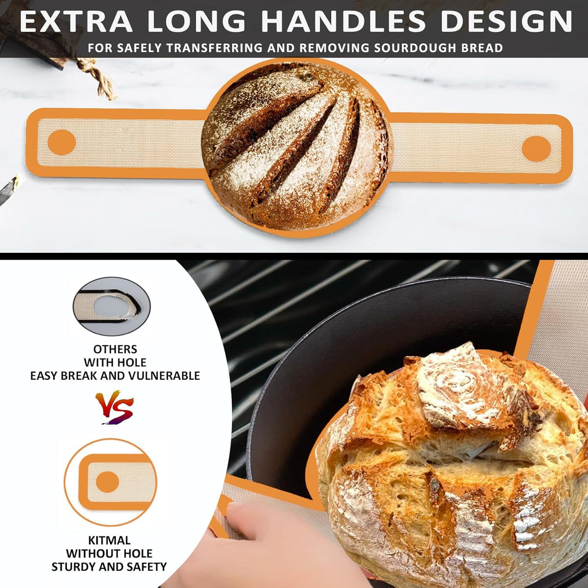 Silicone Bread Sling Oval and Round for Dutch Oven, KITMAL Non Stick Reusable Silicone Baking Mat with Long Handles Sourdough Bread Baking Supplies and Making Tools, Orange
