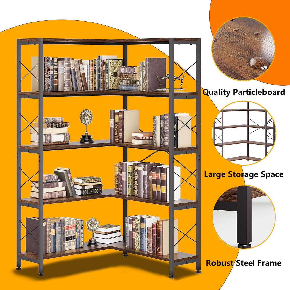 5-Shelf Corner Bookshelf, Vintage Industrial L-Shaped Bookshelf Etagere Bookcase, Large Book Shelf with Metal Frame Open Storage Corner Cabinet (Retro Brown-5 Shelf)