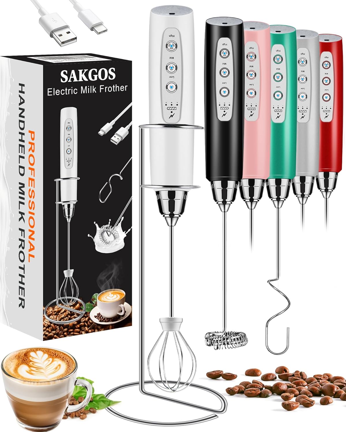 Milk Frother with Stand Rechargeable-Handheld Coffee Frother with 3 Stainless Whisks 3 Speed Adjustable, Electric Whisk Drink Mixer, Foam Maker Blender for Matcha Latte Cappuccino Chocolate