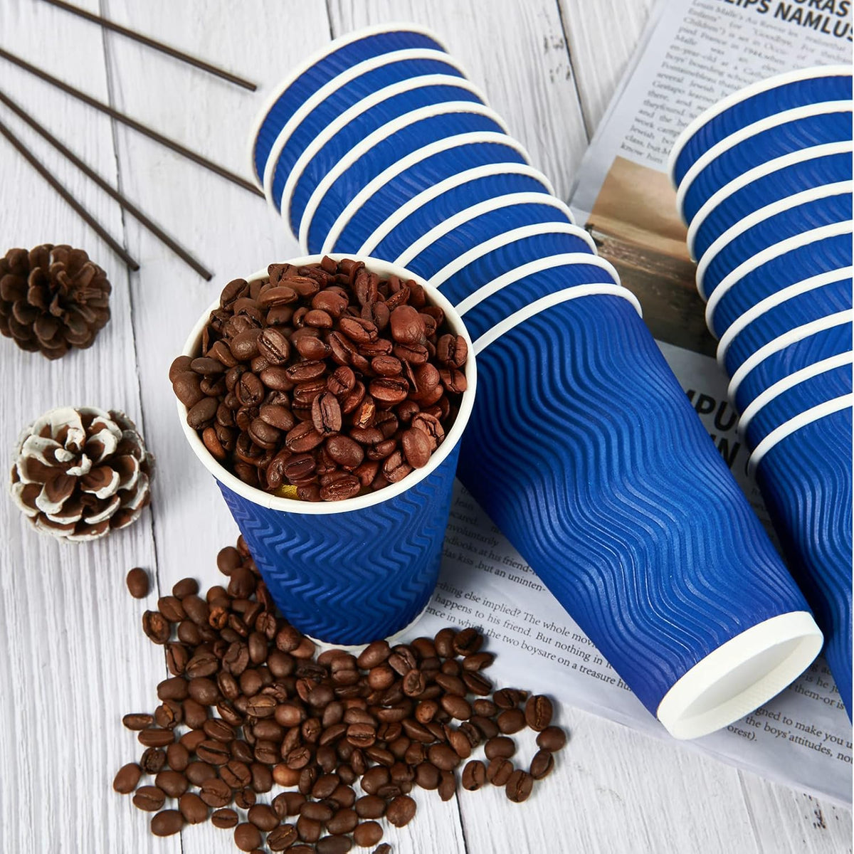 JollyPack 120 Pack 16 oz Paper Coffee Cups, Blue Disposable Beverage Cups with Insulated Ripple Wall for Coffee, Tea, and Hot Chocolate