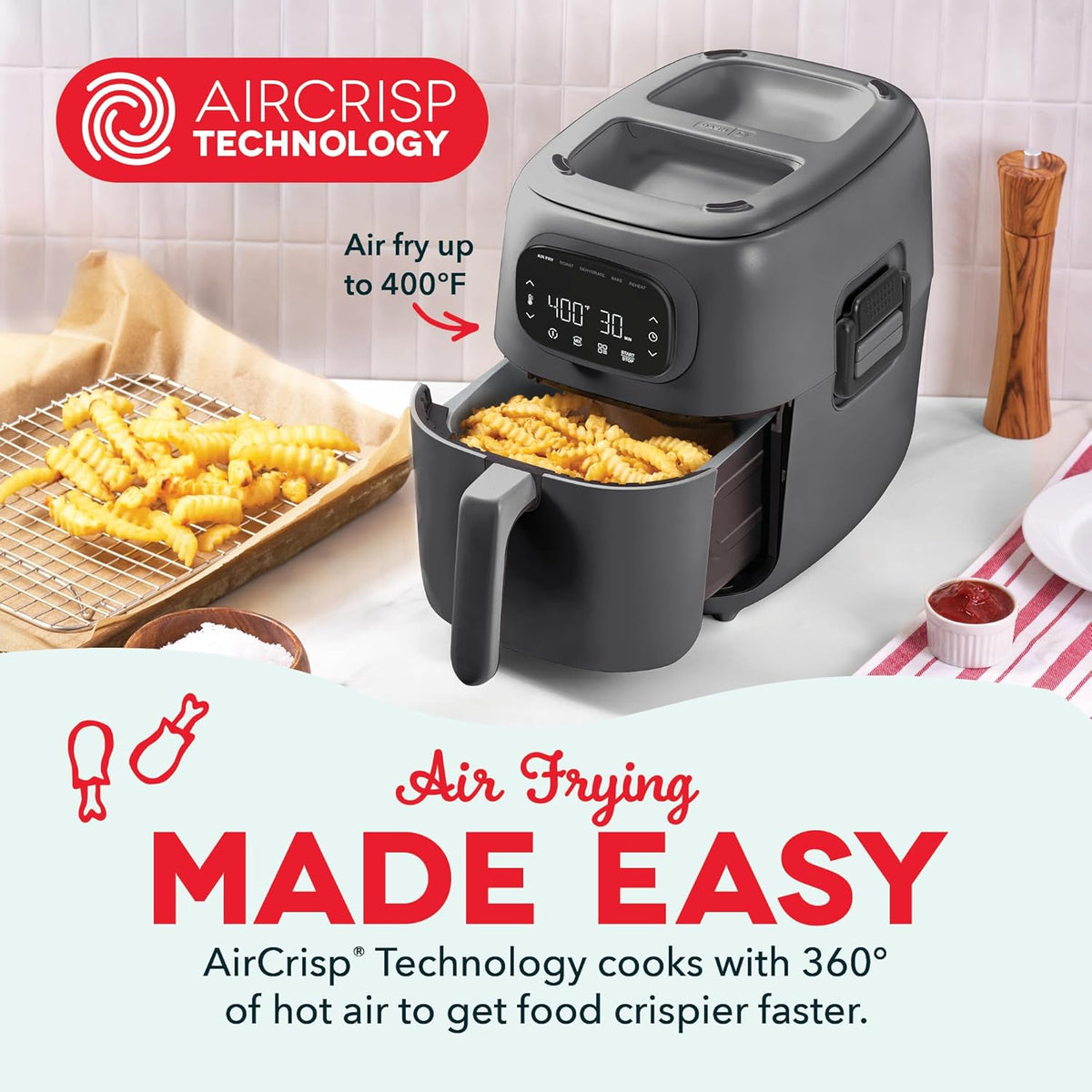 Dash Flip & Fry™ Digital 2-in-1 Grill + Air Fryer with 5 functions, 7 Qt Capacity, Air fryer & Indoor Grill for fries, wings, burgers and more - Forged Iron