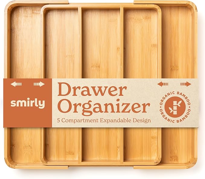 SMIRLY Silverware Drawer Organizer – Bamboo Kitchen Drawer Organizer, Adjustable Utensil Holder and Cutlery Tray, Drawer Dividers for Flatware and Kitchen Utensils