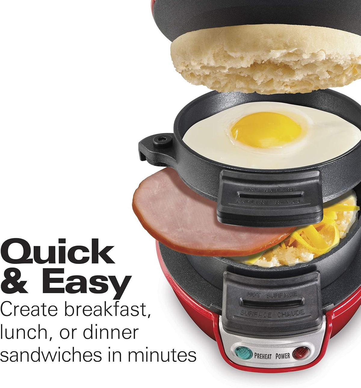 Hamilton Beach Breakfast Sandwich Maker with Egg Cooker Ring, Customize Ingredients, Perfect for English Muffins, Croissants, Mini Waffles, Perfect White Elephant Gifts, Red (25476)