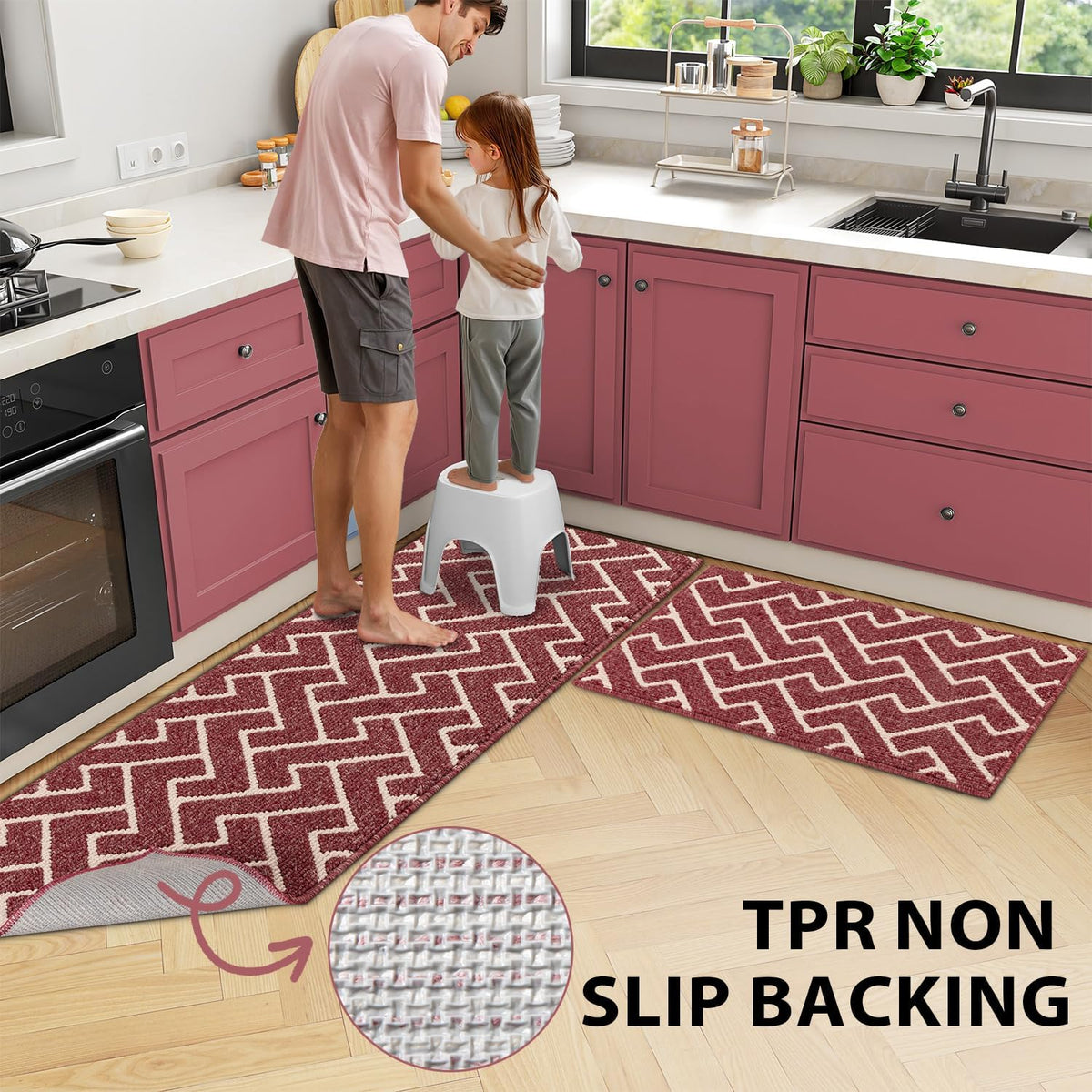 hicorfe Kitchen Rugs and Mats Sets,Non-Slip 2 Pieces Absorbent 100% Polypropylene Rug,Comfort Kitchen Runner Mat,Washable for Kitchen,Sink,Laundry(20" x 31.5" Plus 20" x 59",Red)