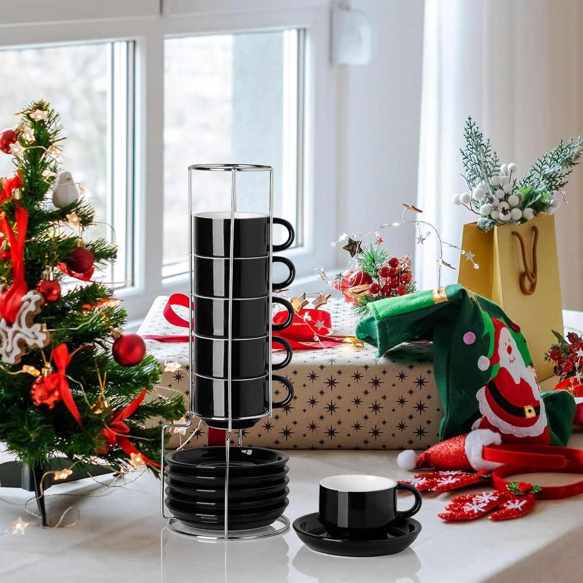 Sweejar Ceramic Espresso Cups Set of 6, Espresso Cup Stackable, 4 Oz Stackable Cappuccino Cups with Saucers and Metal Stand for Coffee Drinks, Americano, Latte, Tea (Black)