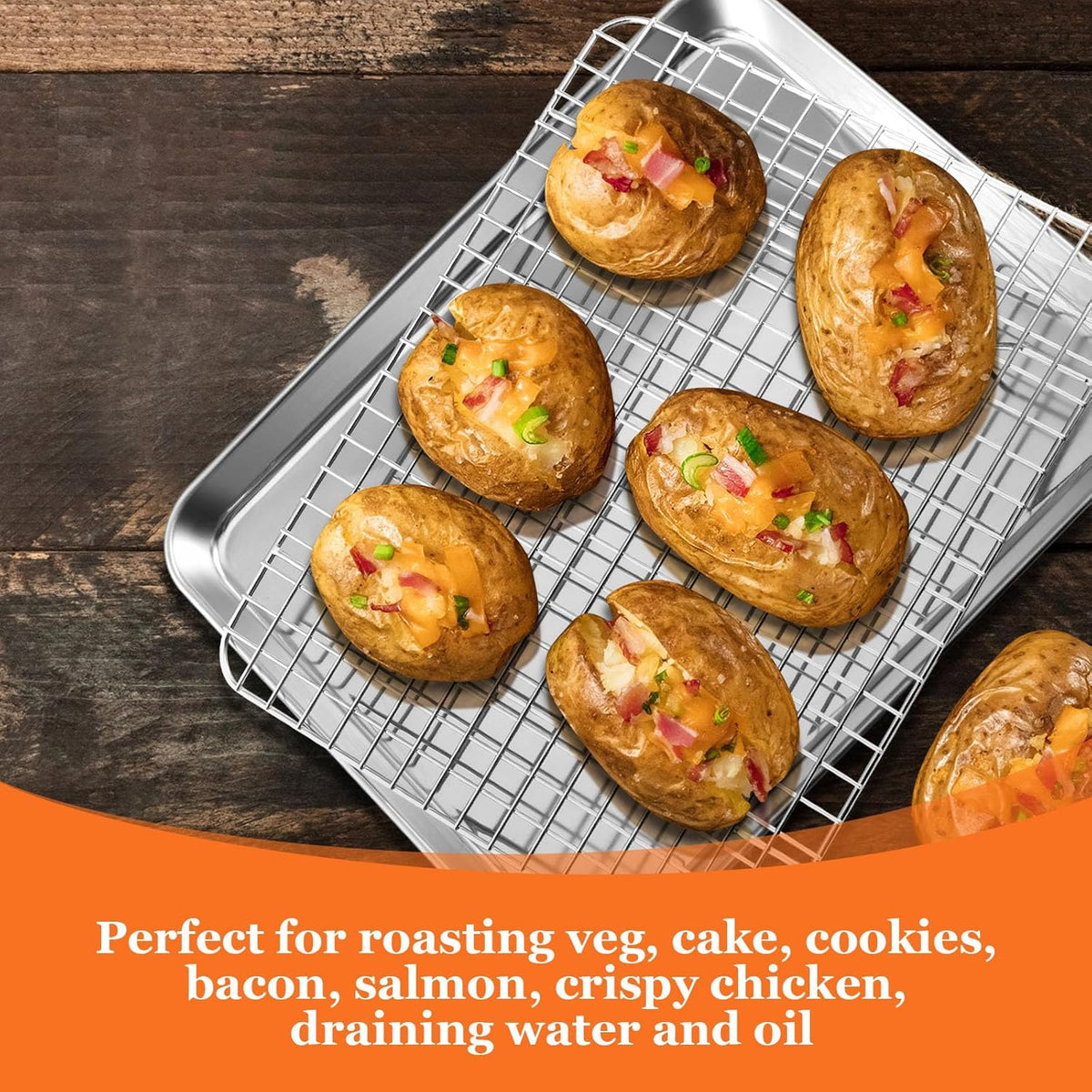 Quarter Sheet Pan with Cooling Rack, Leonyo 1/4 Cookie Sheets for Baking, Wire Rack for Cooking, Nonstick & Stainless Steel Baking Tray for Toaster Oven, Bacon - Size 12.5"x 9.7", 2 Trays + 2 Racks