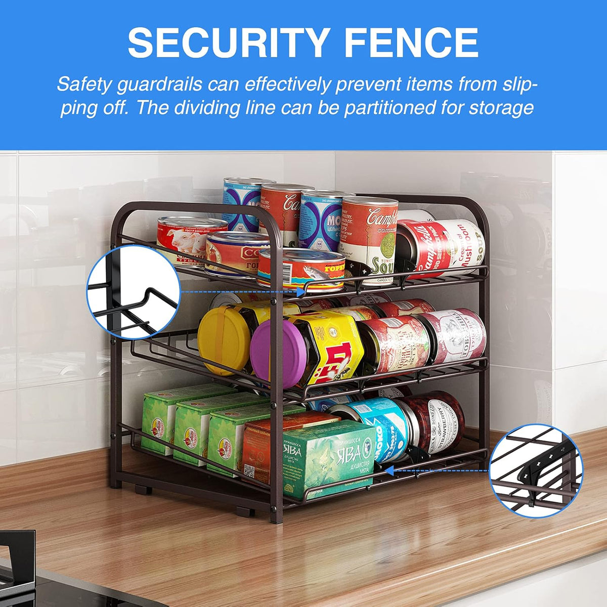 AIYAKA 3 Tier Stackable Can Rack Organizer–12.2" D x 16.6" W x 14.5" H,for food storage,kitchen cabinets or countertops,Storage for 36 cans,Bronze