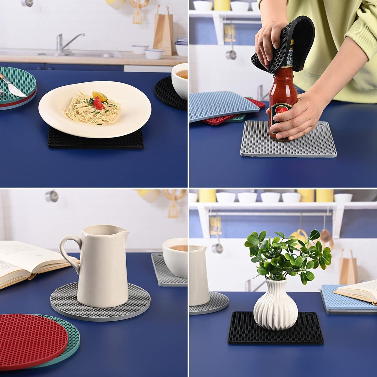Silicone Trivets for Hot Dishes, Silicone Pot Holders for Tabletop, Trivet Mat Hot Pads for Kitchen, Trivets for Hot Pots and Pans, Heat Resistant Mats for Quartz Countertop Pad Set 4 Blue