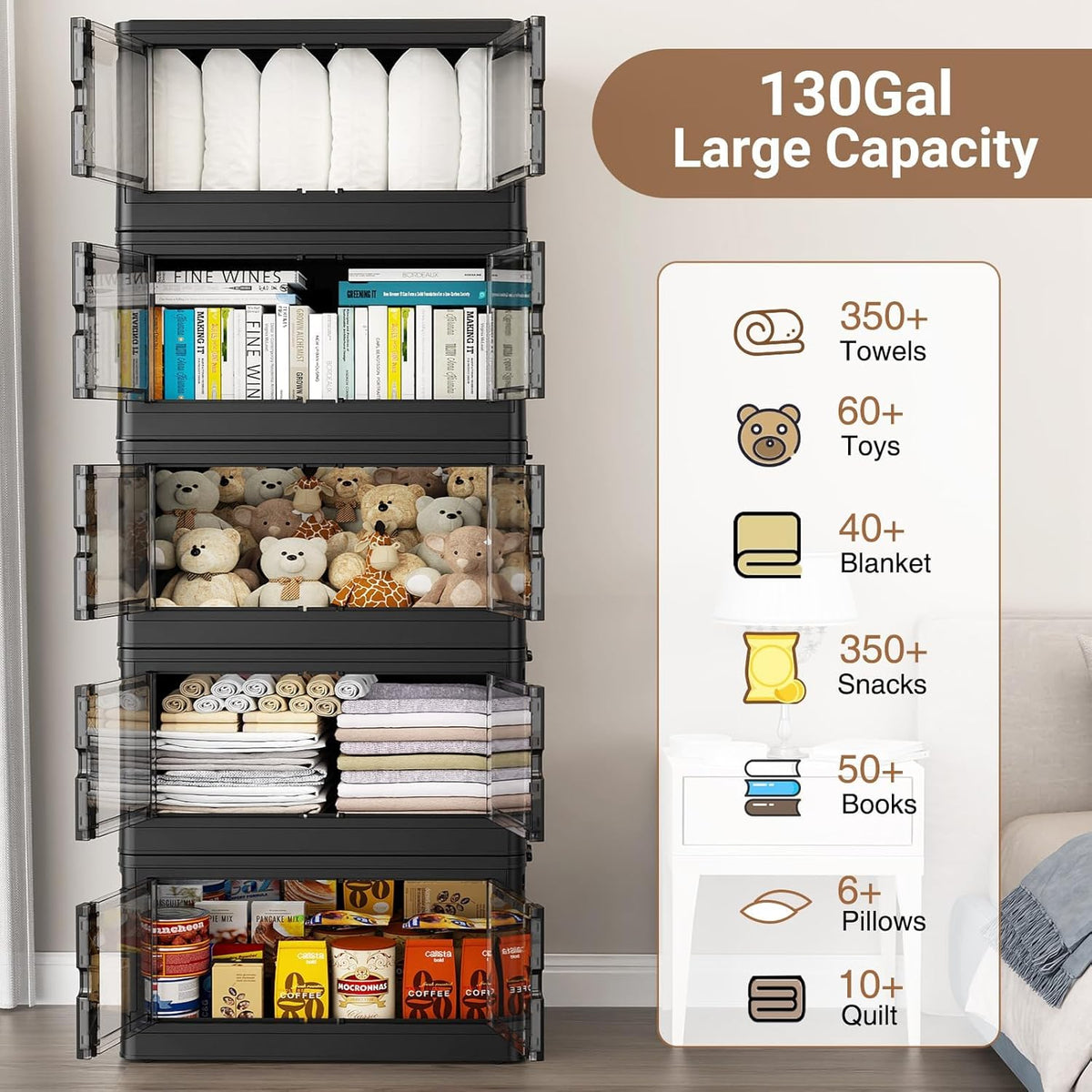 345Qt Stackable Storage Bins with Individual Lids & Wheels, Large Plastic Collapsible Latching Boxes Closet Organizers and Storage Cabinet Shelves Units for Home Kitchen Dorm, 3-Pack Black