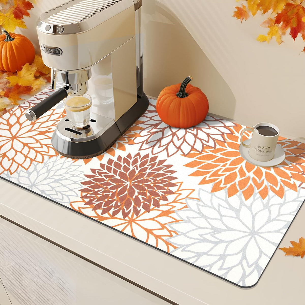 Findosom 2PCS 12" x 20" Dish Drying Mat & 24" x 5.5" Sink Splash Guard, Super Absorbent & Cuttable Dish Mat Drying Kitchen Mat with Orange Floral, Hide Stain Drying Mat for Kitchen Counter