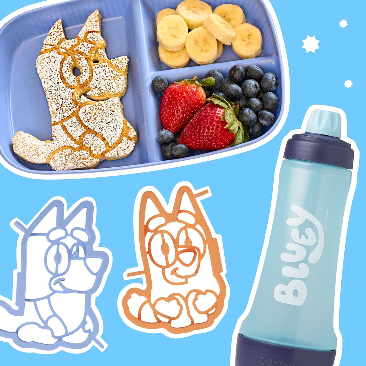Whiskware Bluey Pancake Art Kit, 1 Batter Bottle, 2 Silicone Bluey and Bingo Pancake Molds, and 1 BlenderBall Wire Whisk, Durable, No-Mess Breakfast, BPA Free, Dishwasher Safe