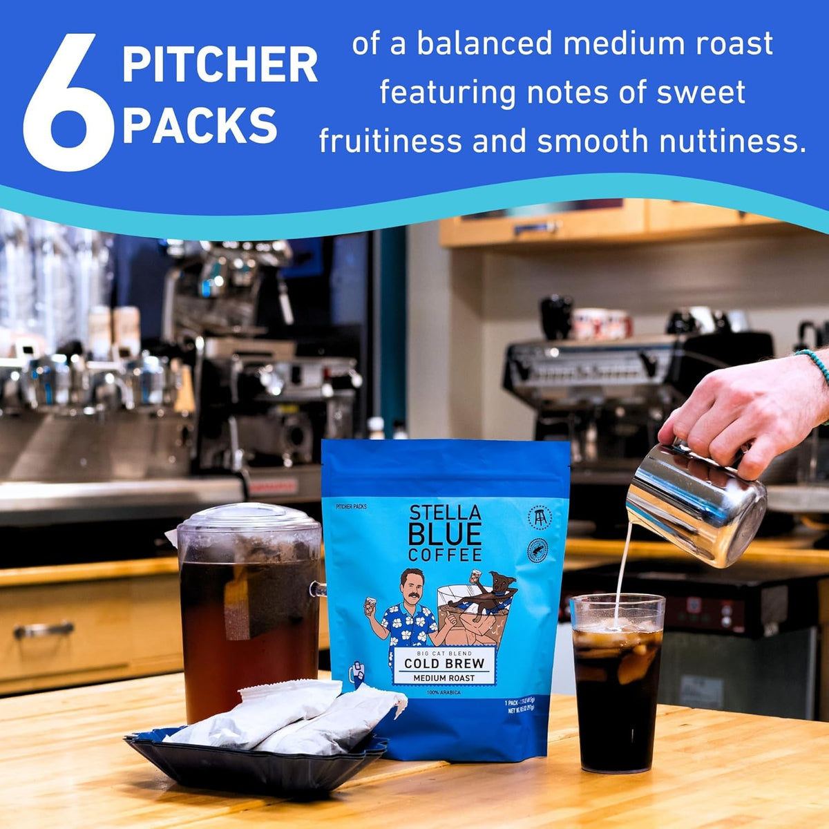 STELLA BLUE Fresh Cold Brew Coffee | Electric Avenue Blend | 100% Arabica Dark Roast | Bold Toffee and Dark Chocolate with Smoky Notes | 6 Brew Packets for Cold Brew | Makes 24 Smooth Bold Cups