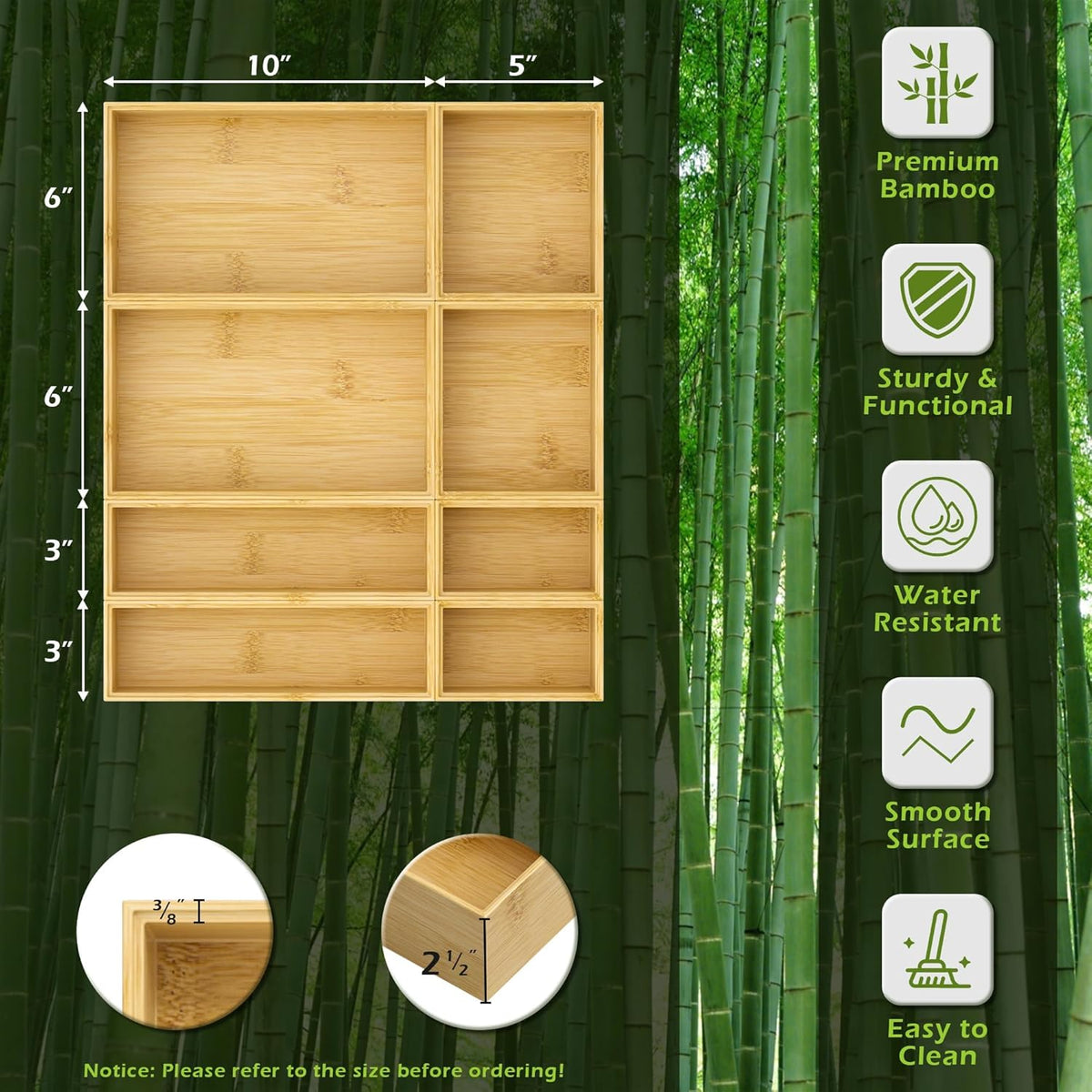 Bathroom Drawer Organizer Trays, Bamboo Silverware Drawer Organizer Kitchen Utensils, 8 PCS Wood Box Stackable Bins for Makeup, Office Desk, Vanity, Junk Drawer