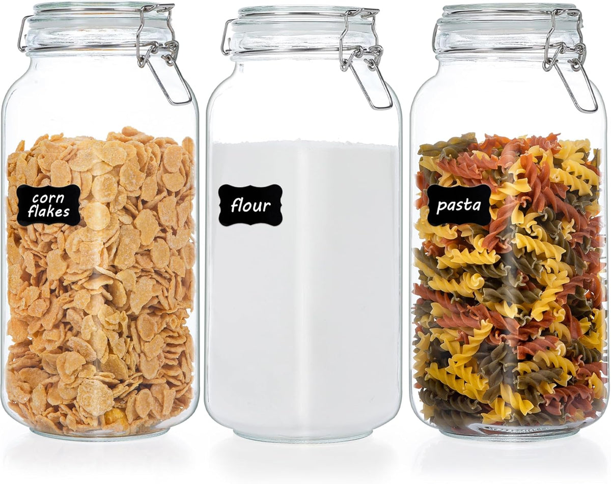 Vtopmart 78oz Glass Food Storage Jars with Airtight Clamp Lids, 3 Pack Large Kitchen Canisters for Flour, Cereal, Coffee, Pasta and Canning, Square Mason Jar with 8 Chalkboard Labels