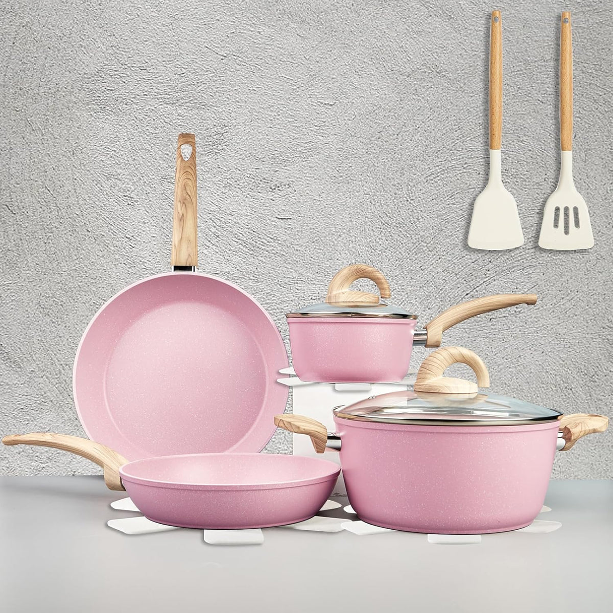 Non Stick Pots and Pans Set, Healthy Ceramic Cookware Set, 12pcs Kitchen Cooking Pots and Frying Sauce Saute Pans Set, PFAS-Free with Kitchen Utensils and Lid, Pink