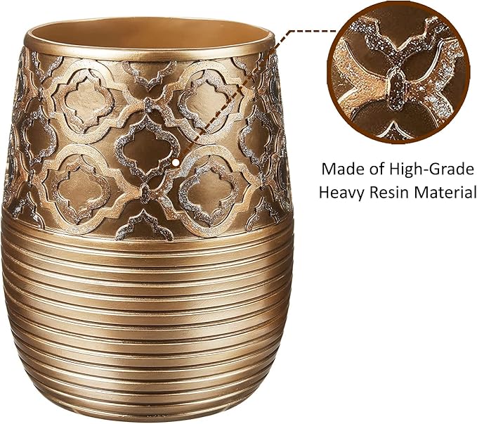 Zahari Home 2pc Spindle Modern Bath Accessories Set Waste Basket & Tissue Box Modern Classic Contemporary Decorative Beautiful Designs Bathroom Decor Set for Home Gold Complete Bathroom Sets