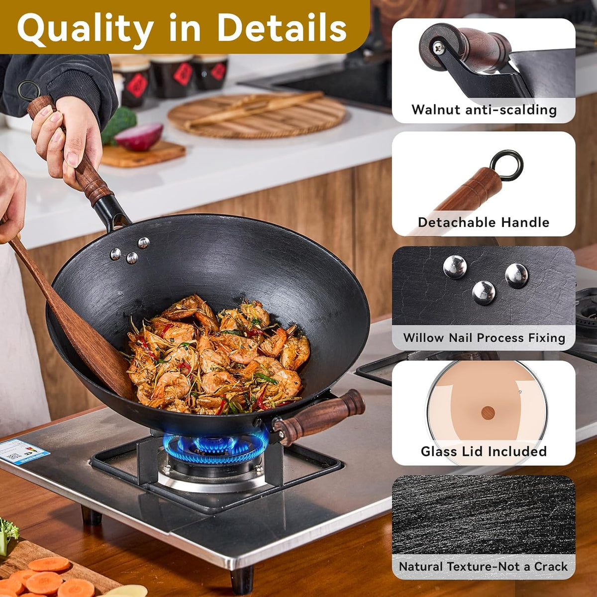 WANGYUANJI Cast Iron Wok,12.59 inch Flat Bottom Wok with Glass Lid,Suitable for All Cooktops, Uncoated Craft Pot Healthy Cooking Pot