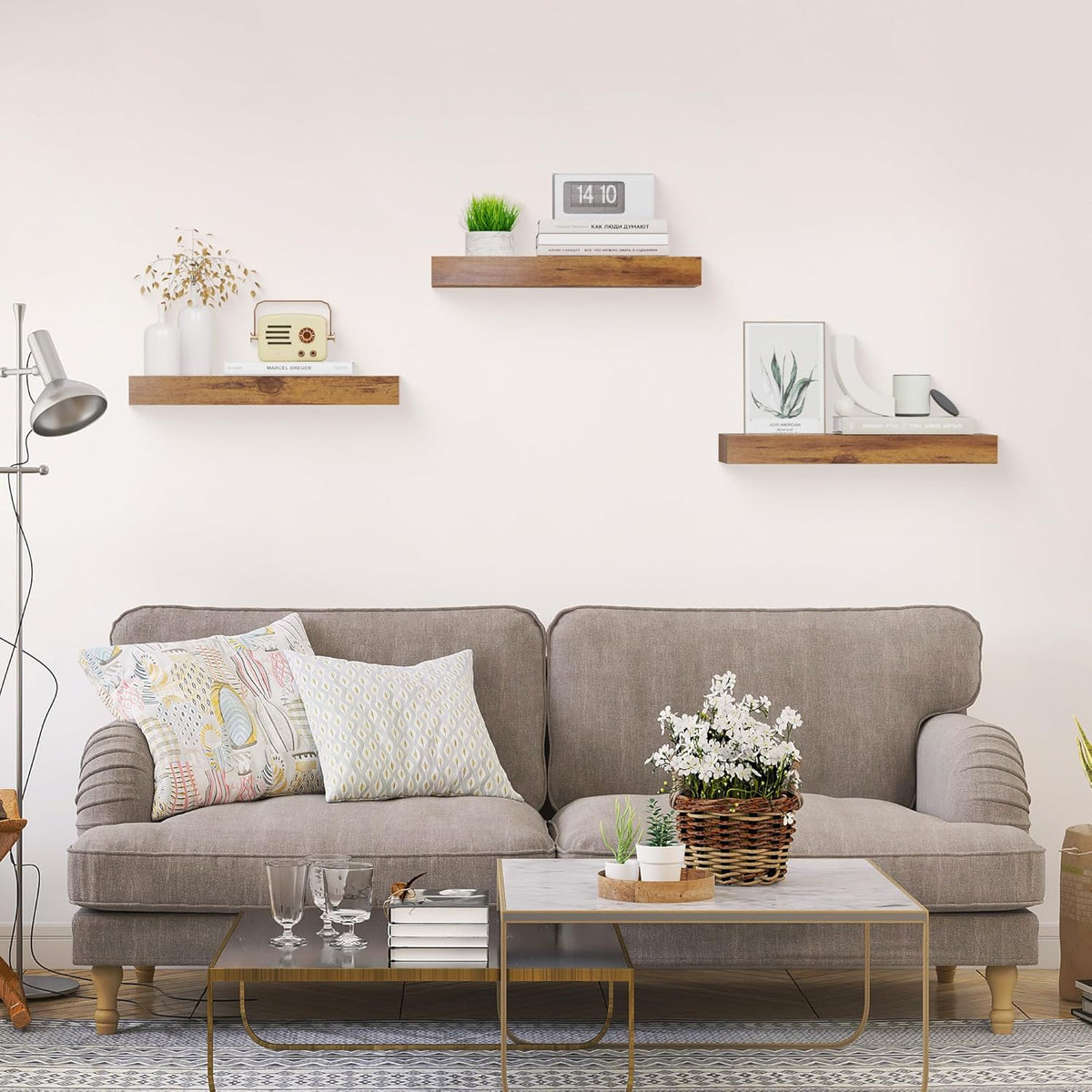 Colima Floating Shelves for Bedroom, Bathroom, Living Room, Kitchen, Office - 15 Inch Wall Mounted, Set of 3 - 1.3" Thick Brown Wood Floating Book Shelves
