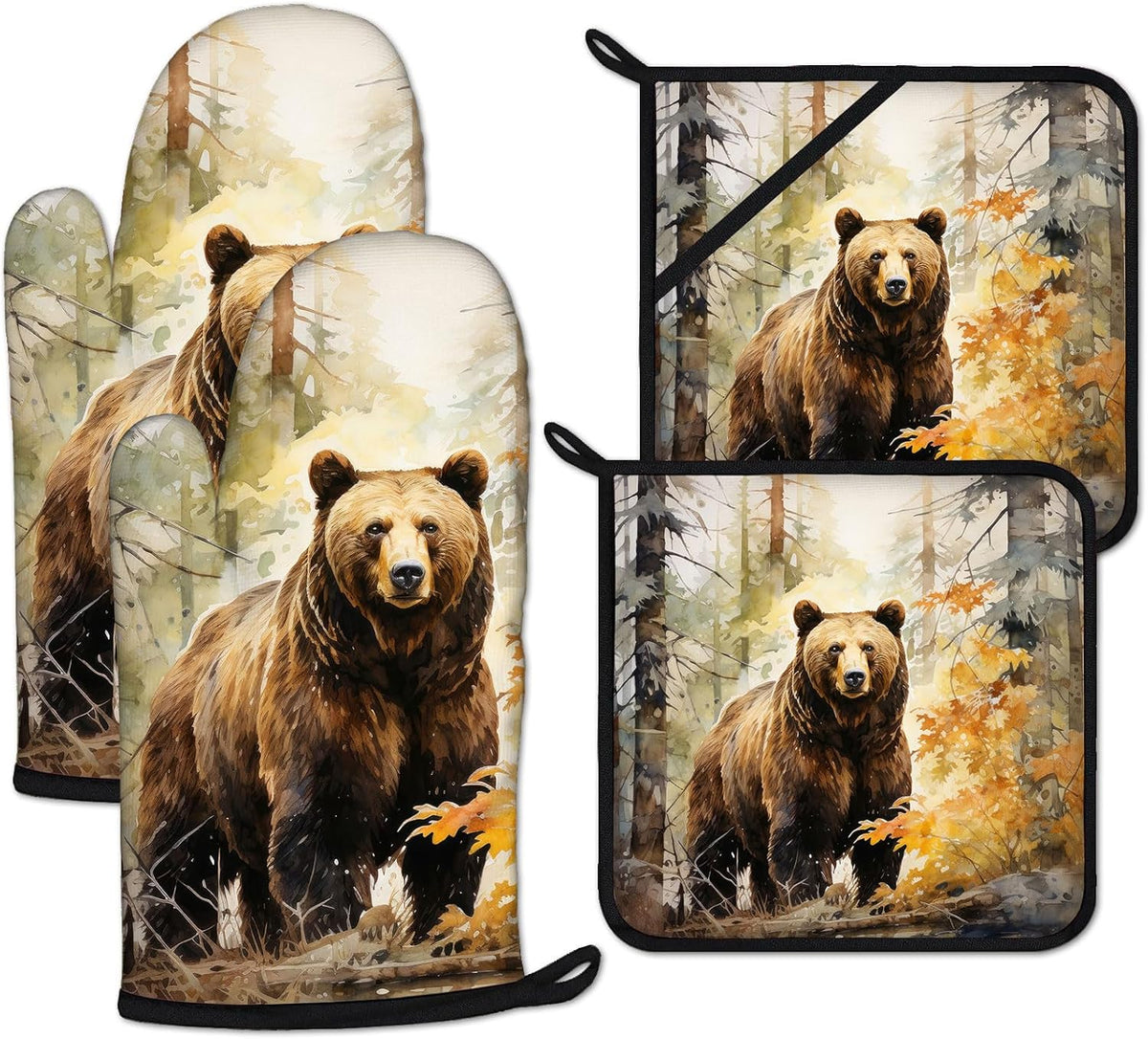 Watercolor Brown Bear Oven Mitts and Pot Holders Sets Heat Resistant 4Pcs Autumn Forest Animal Potholders Oven Gloves Hot Pads for Kitchen Baking Cooking Grilling BBQ