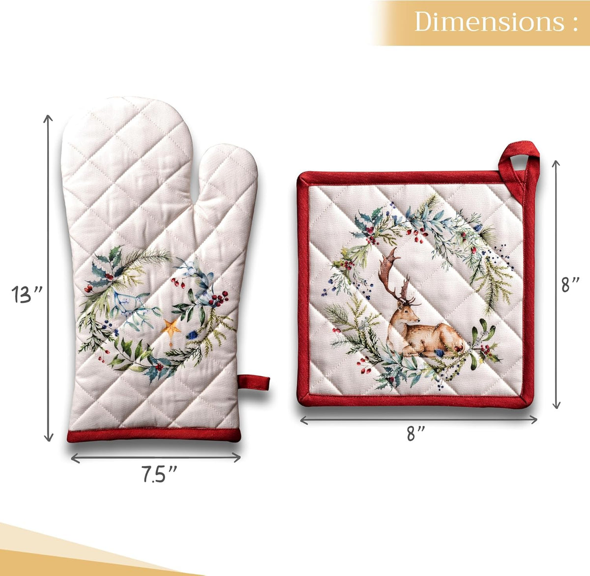 Maison d' Hermine 100% Cotton Oven Mitt & Pot Holder Set (7.5"x13" & 8"x8") Heat Resistant BBQ Cooking Gloves with Loop, Baking, Grilling, Kitchen, Handling Hot Pans (Holly Time)
