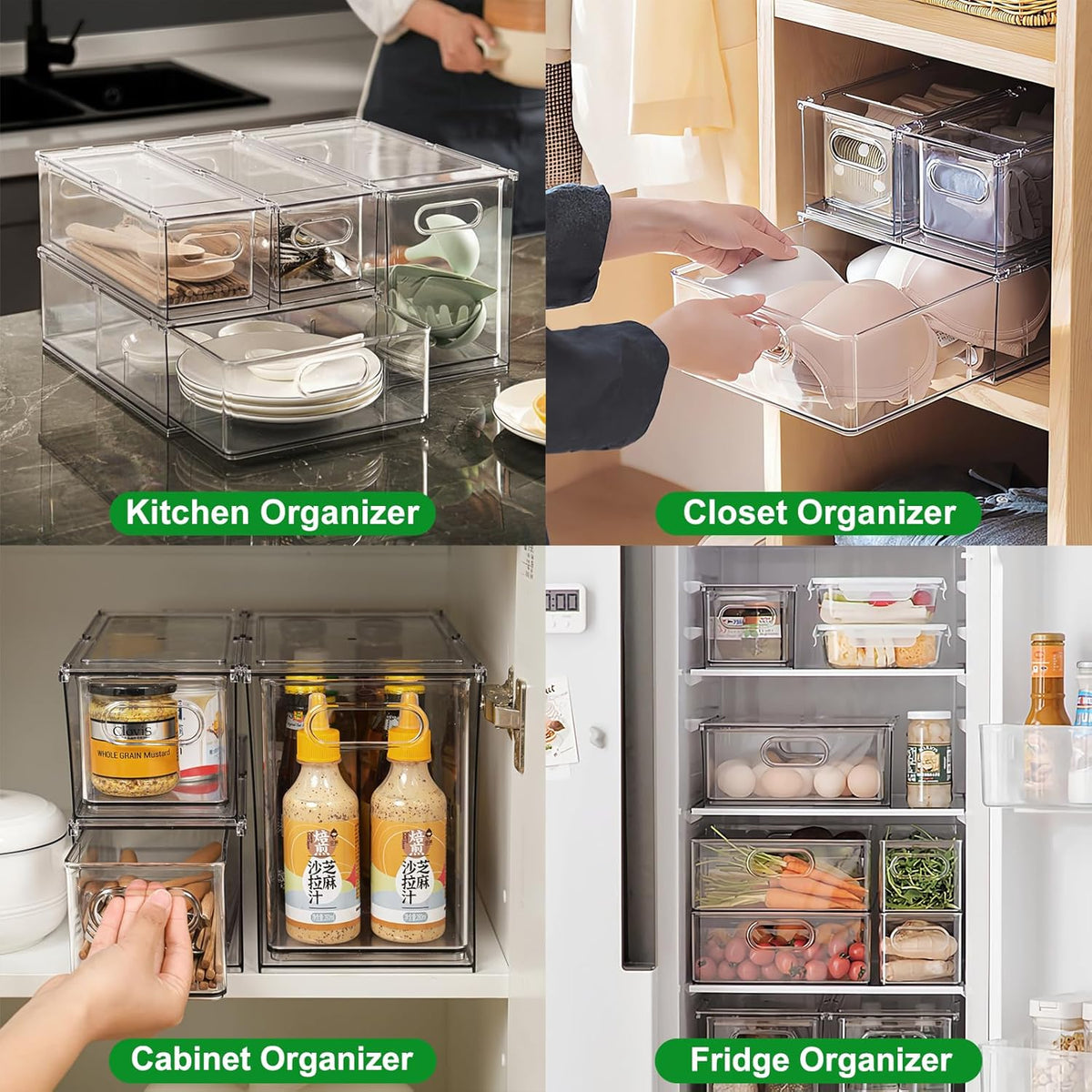 Taiuloo 2 Pack Stackable Refrigerator Organizer Bins with Pull-Out Drawer, Clear BPA-Free Food Storage Containers for Fridge Freezer, Kitchen Pantry Cabinet & Bathroom Vanity Organization