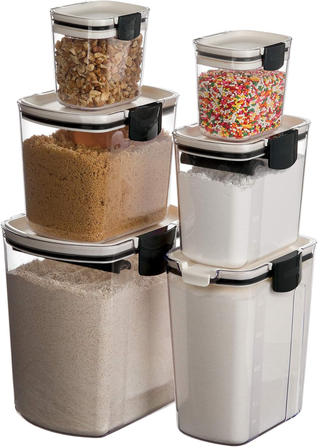 Progressive ProKeeper Baker's Airtight Kitchen Storage Canister Container Set for Flour, Sugar & More, Keeps Ingredients Fresh, with Accessories (Black Latches, 6- Piece)
