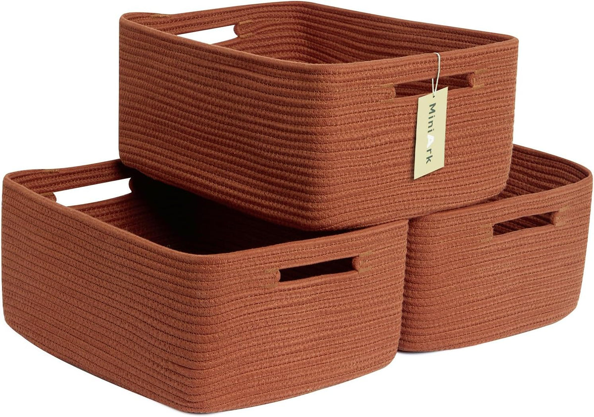 Large Storage Baskets for Shelves, Closet Organizers Bins for Clothes Blanket Towels, Baby Nursery, Toy Baskets Box, Woven Rope Baskets, 17 x 13 x 7.5”, 3 Packs Oxide Red