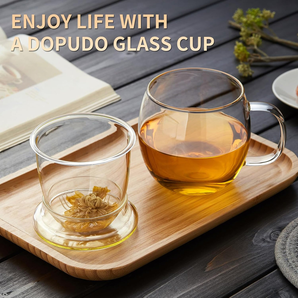 Glass Tea Cup with Infuser and Lid, 17oz/500ml Large Borosilicate Teacup, Clear Mug for Loose Leaf Tea, Blooming Tea, Tea Bags - Perfect Christmas or Birthday Gift for Women