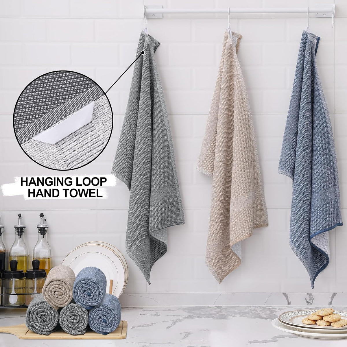 Homaxy Premium Kitchen Towels(18”x 28”, 6 Pack), Large Cotton Kitchen Hand Towels, Flat and Terry Dish Towels, 380 GSM Highly Absorbent Tea Towel Set with Hanging Loop, Multicolor