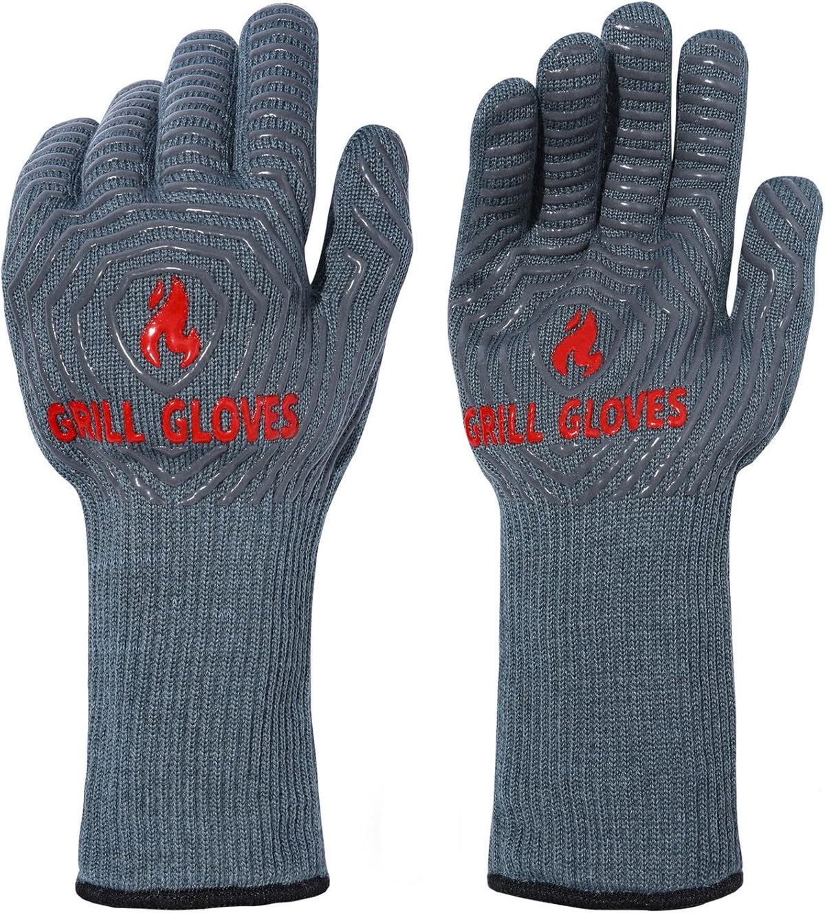 QUWIN BBQ Gloves, Oven Gloves 1472℉ Extreme Heat Resistant, Grilling Gloves Silicone Non-Slip Oven Mitts, Kitchen Gloves for BBQ, Grilling, Cooking, Baking-1 Pair… (Grey, One Size(Long Cuff))