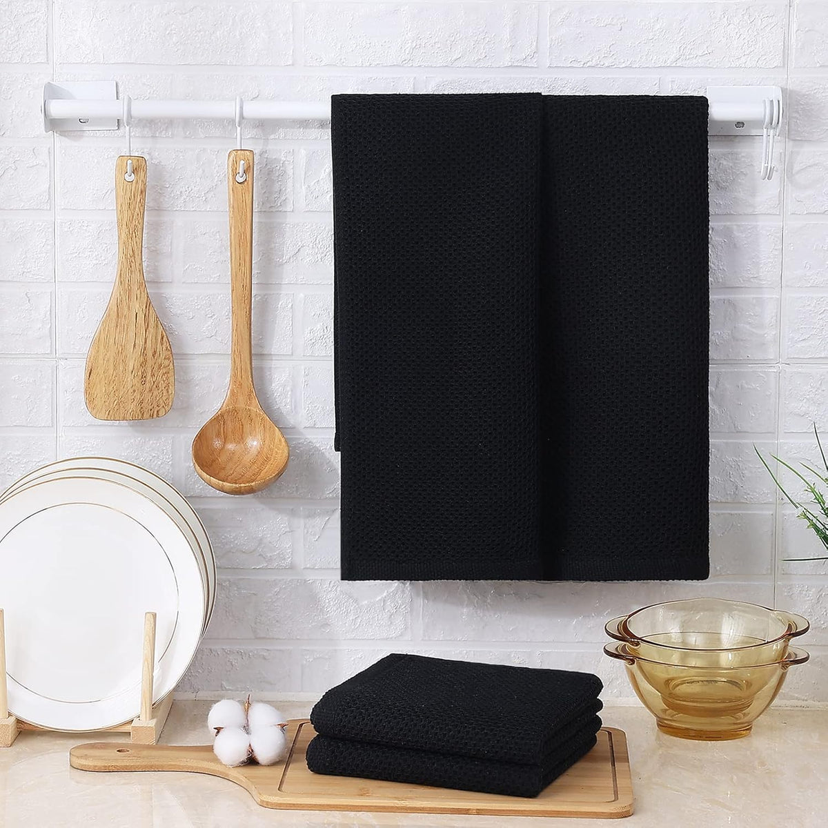 Kitinjoy 100% Cotton Waffle Weave Kitchen Towels, 4-Pack Super Soft and Absorbent Dish Towels for Drying Dishes, Kitchen Hand Towels, 13 in x 28 in, Black