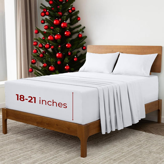 Mellanni Extra Deep Split King Sheets - 5 PC Iconic Collection Bedding - Hotel Luxury, Ultra Soft, Cooling Bed Sheets - Wrinkle, Fade, Stain Resistant (Split King, White)