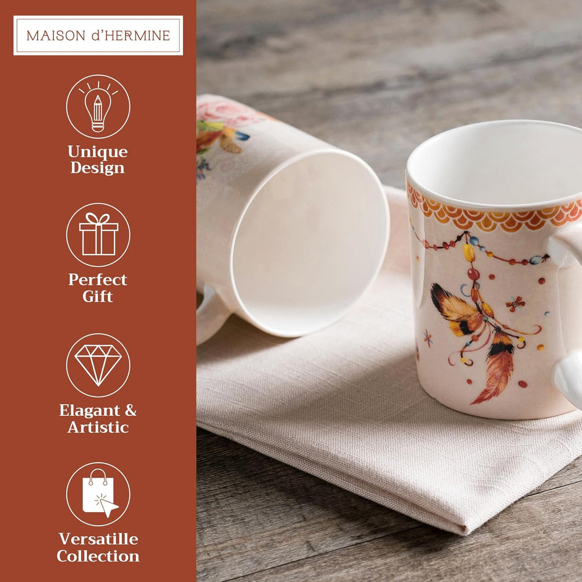 Maison d' Hermine Coffee Mug with Handles Fine Bone China Mugs Pack of Two Tea Cups for Hot Beverages Cappuccino Latte Home Restaurant Office Perfect for Gift (Ibiza - Beige, 12 Ounce)