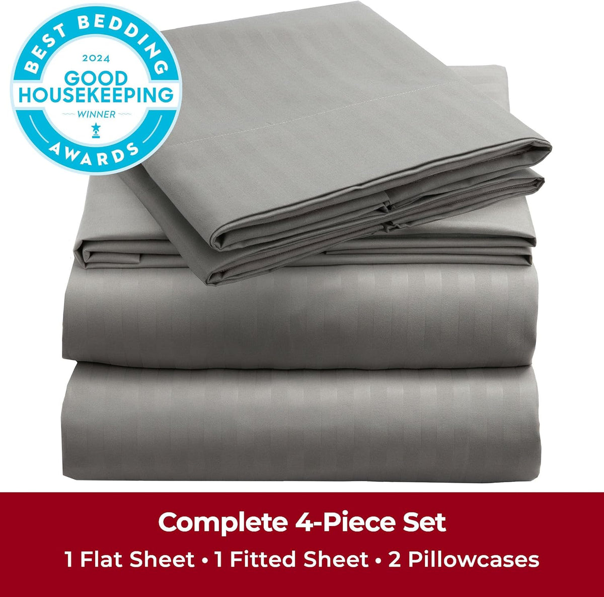 Mellanni Full Sheets Set - 4 PC Iconic Collection Bedding - Hotel Luxury, Extra Soft, Cooling Bed Sheets - Wrinkle, Fade, Stain Resistant (Full, Striped Gray/Silver)