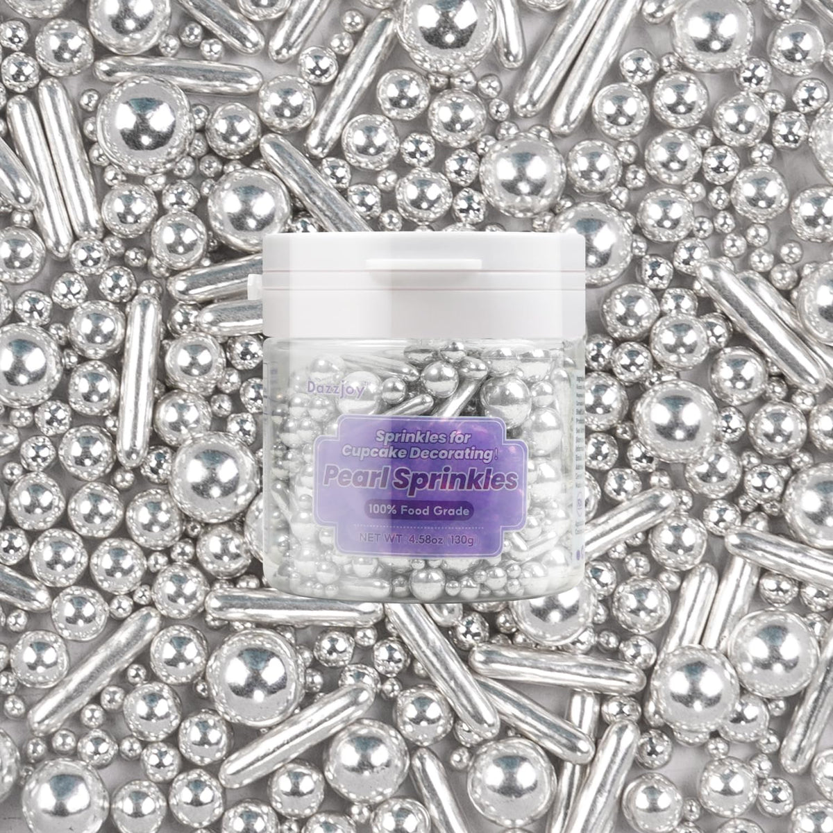 Dazzjoy Silver Pearl Rods Sprinkles, 130g/4.58oz, Mix Size, Pearl Sprinkles for Cupcake Decorating, Cupcake Toppers, Cake Decorations, Ice Cream, Wedding Party Valentines Easter Supplies