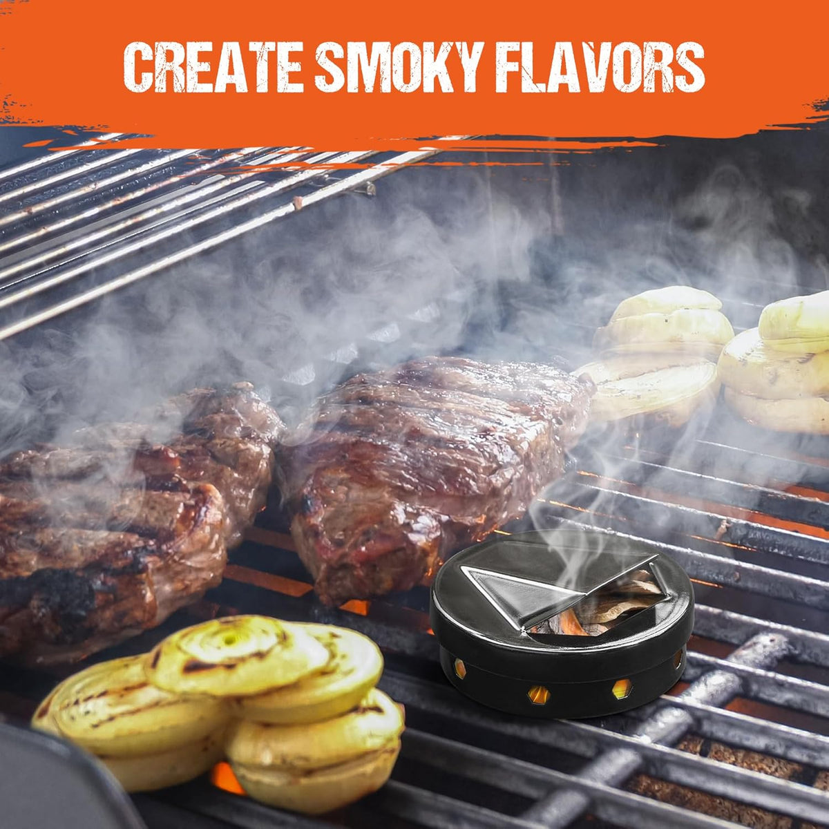 Onlyfire Wood Chip Smoker Box, 2 Pcs BBQ Smoker Box with Lid for Charcoal & Propane Gas Grill, Black