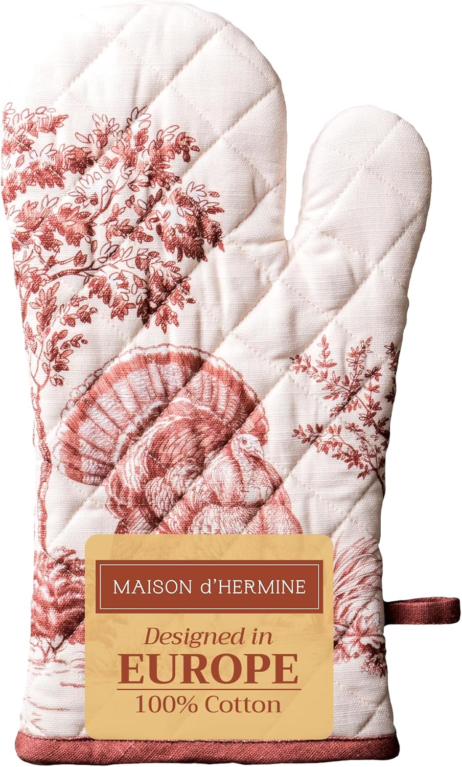 Maison d' Hermine Oven Gloves 100% Cotton Oven Mitt 7" x 13" with Loop Heat Resistant, BBQ, Cooking Gloves, Baking, Grilling, Kitchen, Handling Hot Pans (Pack of 1, Holy Jouy - Brown)