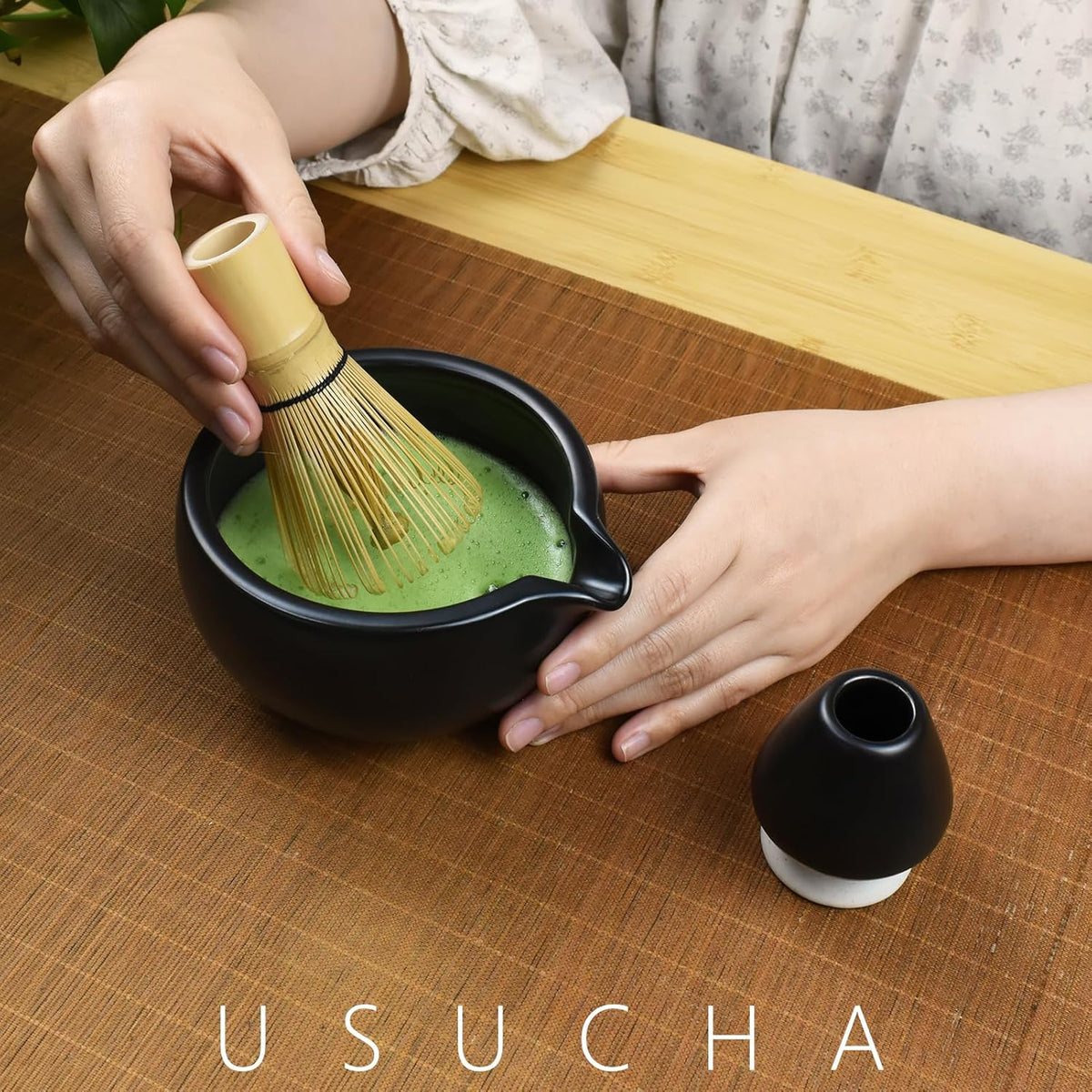 Artcome 4 Pcs Complete Matcha Ceremony Kit - Bowl With Pouring Spout, Whisk, Holder, Scoop - Japanese Tea Set for Making Usucha, Koicha and Latte (Black)
