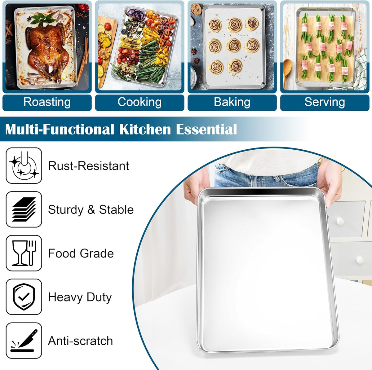 E-far Baking Sheet with Wire Rack (2 Pans + 2 Racks), Large Stainless Steel Cookie Sheets Pan & Cooling Rack for Baking Cookies Cake, Non Toxic & Heavy Duty, Oven & Dishwasher Safe, 18 x 13 x 1 Inch