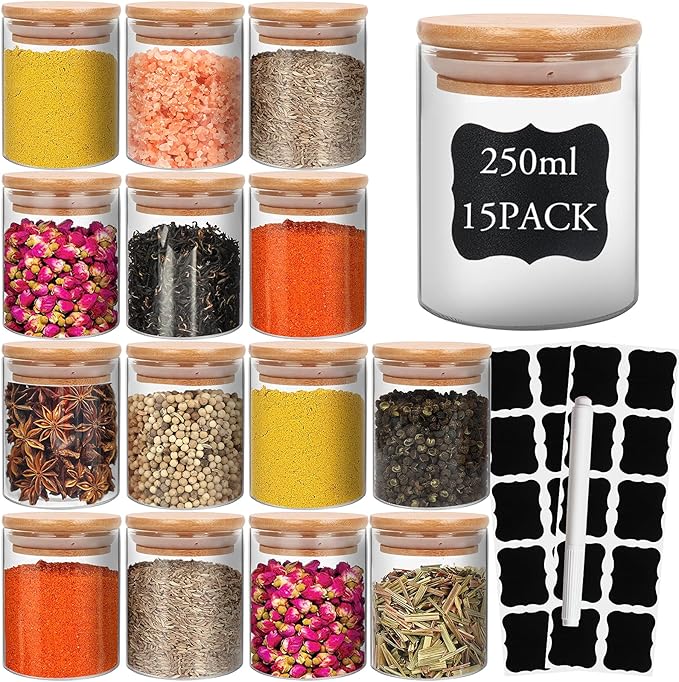 DHSBTLS 6 oz Glass Jars with Bamboo Lids, Borosilicate Glass Airtight Canisters sets, Food Storage Container, Pantry Organization and Storage Jars, Kitchen Spice Jars of 15
